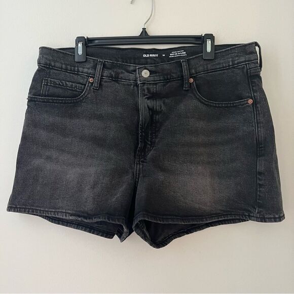 Old Navy High Rise Sky High A Line Black Wash Zip Fly Denim Shorts Sz 16 - Picture 1 of 6